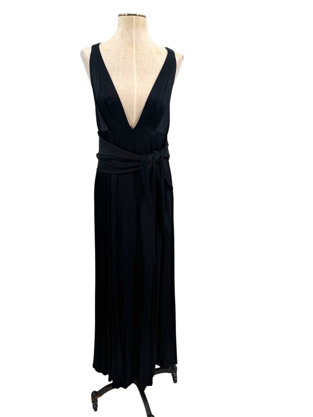 Free People Black Plunge Open Back‎ Maxi Dress Tie Waist High Slit Gown US 2